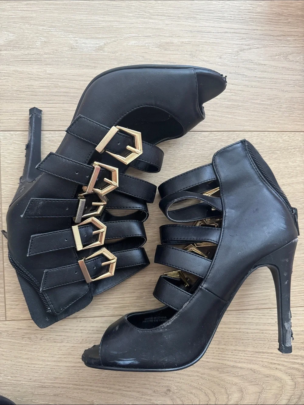 Forever 21 Black Strappy Peep-Toe Heels with Gold Buckle Accents